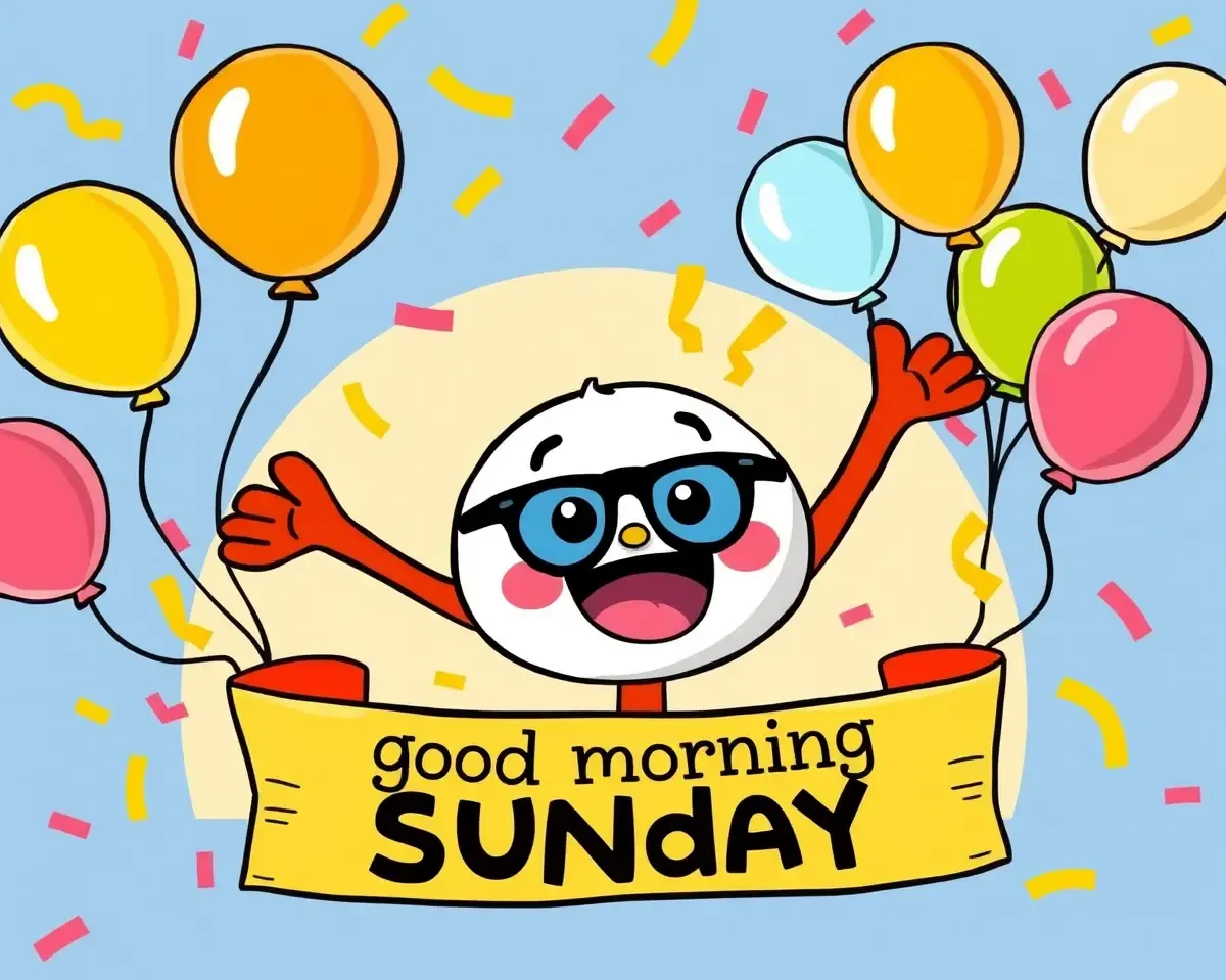 Good Morning Sunday: Whimsical Cartoon Character with Balloons and Confetti