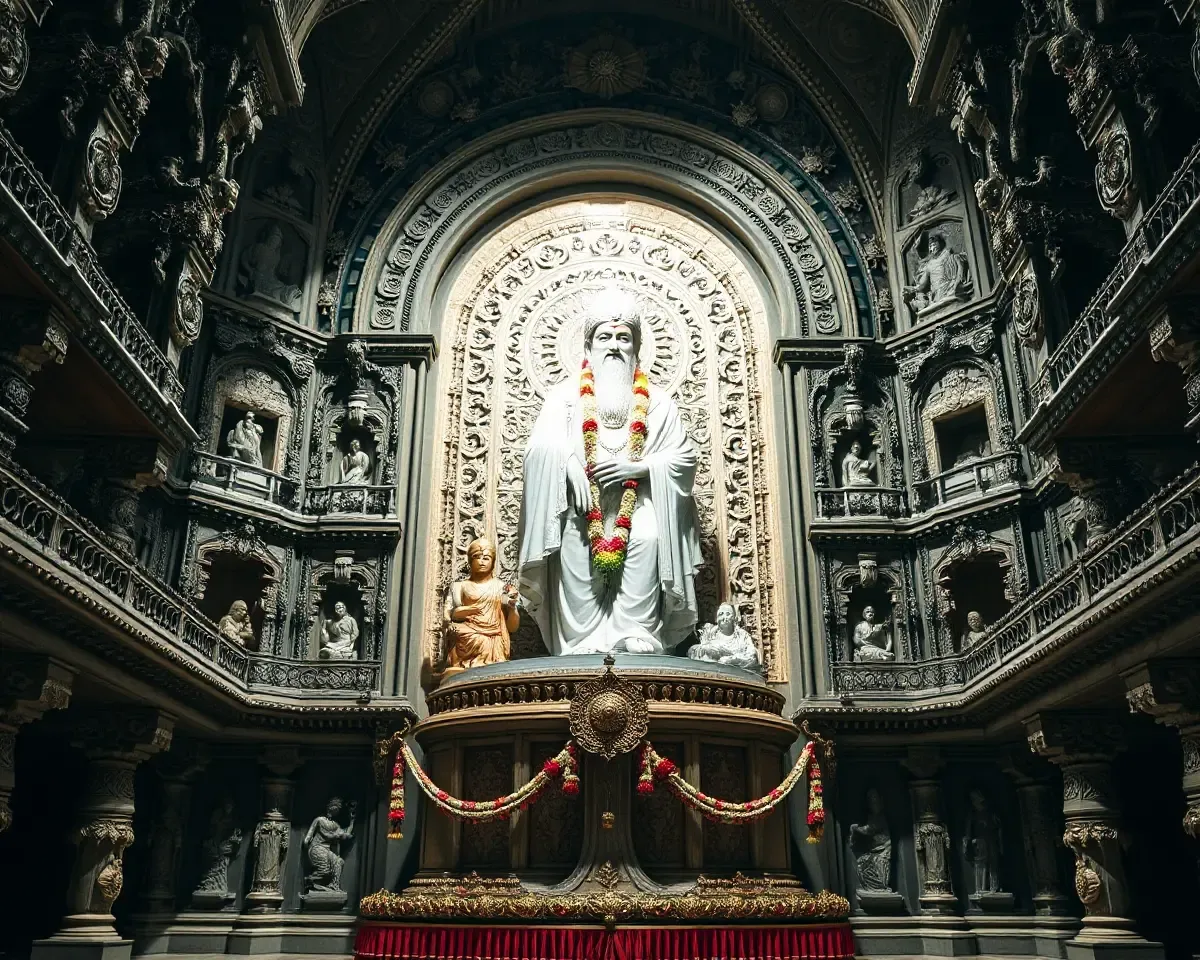 Grand Sai Baba Statue in Temple Setting with Intricate Carvings
