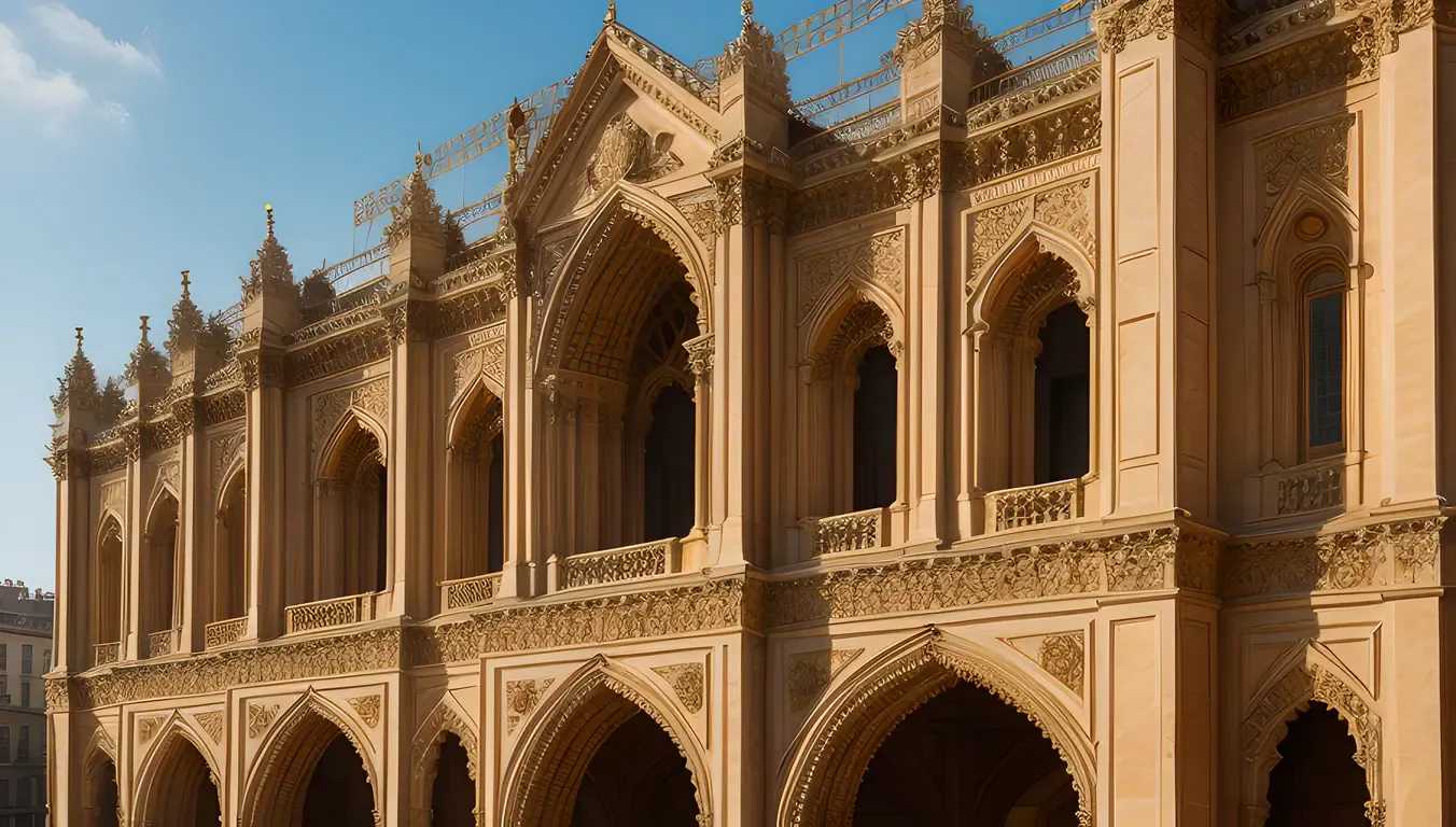 Grand Tessellated Architecture with Interlocking Geometric Shapes and Details