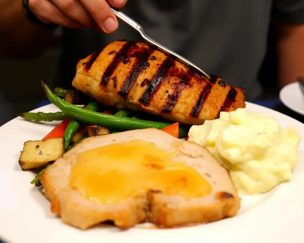 Grilled Pork Cutlet with Roasted Veggies and Mashed Potatoes
