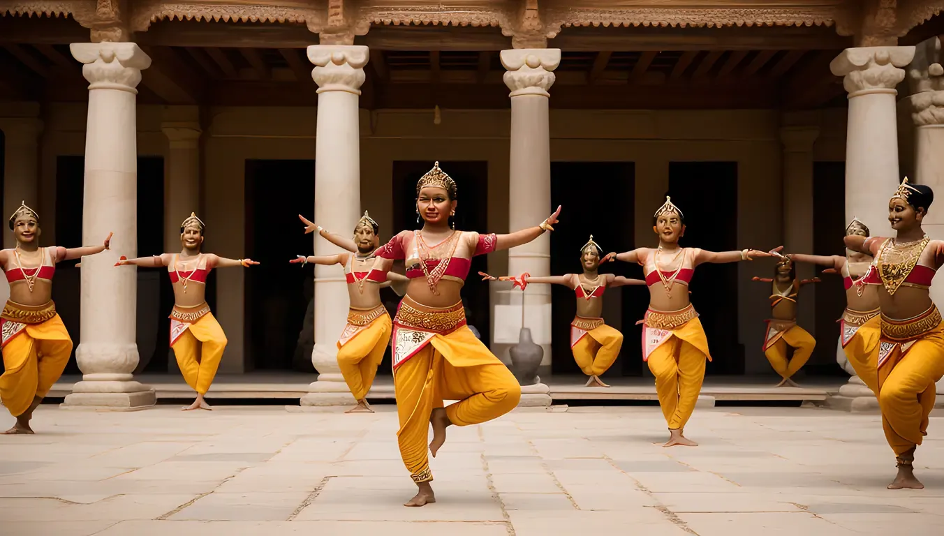 Group Mohiniyattam Dancers Perform in Temple Courtyard