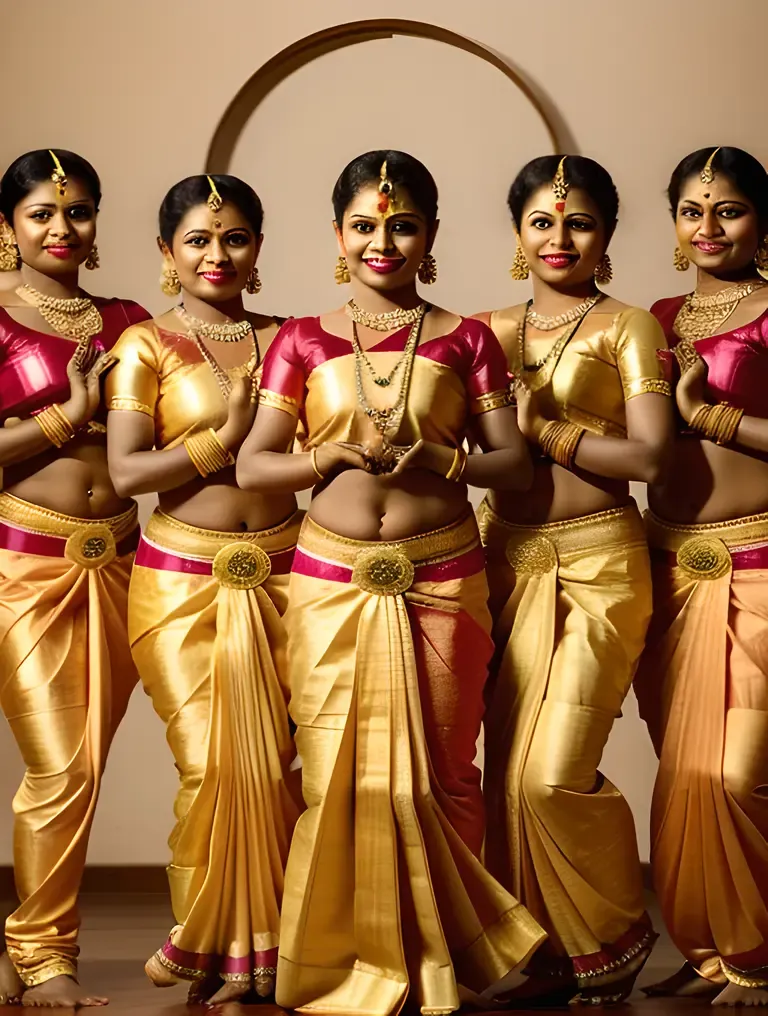 Group of Mohiniyattam Dancers in Traditional Kerala Temple Setting