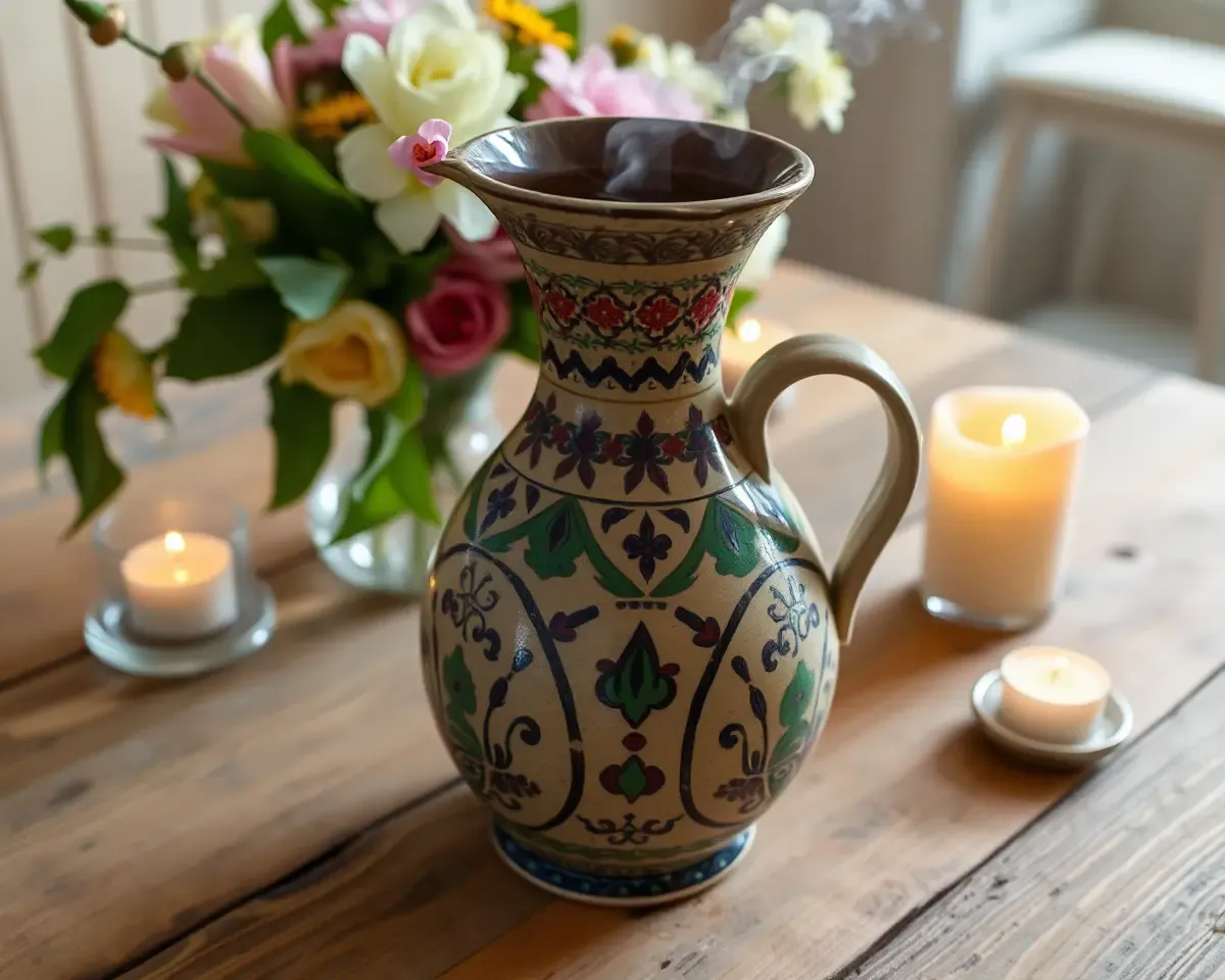 Hand-Painted Ceramic Jug with Fragrant Liquid and Flowers