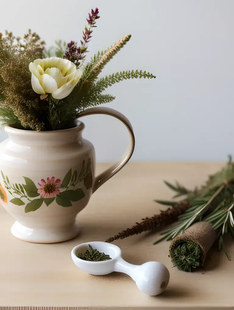 Hand-Painted Ceramic Pestle and Mortar with Fresh Flowers