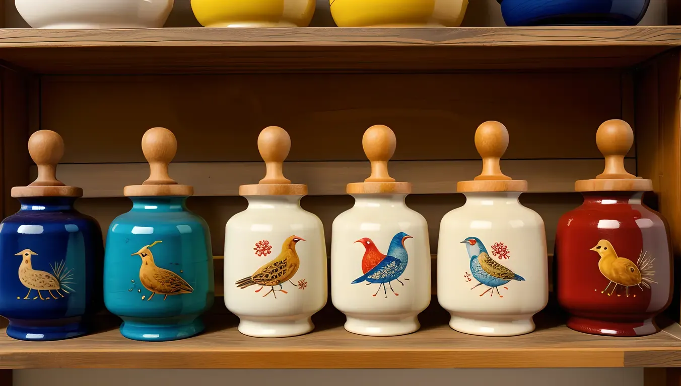 Hand-Painted Ceramic Pestles on Vintage Shelf
