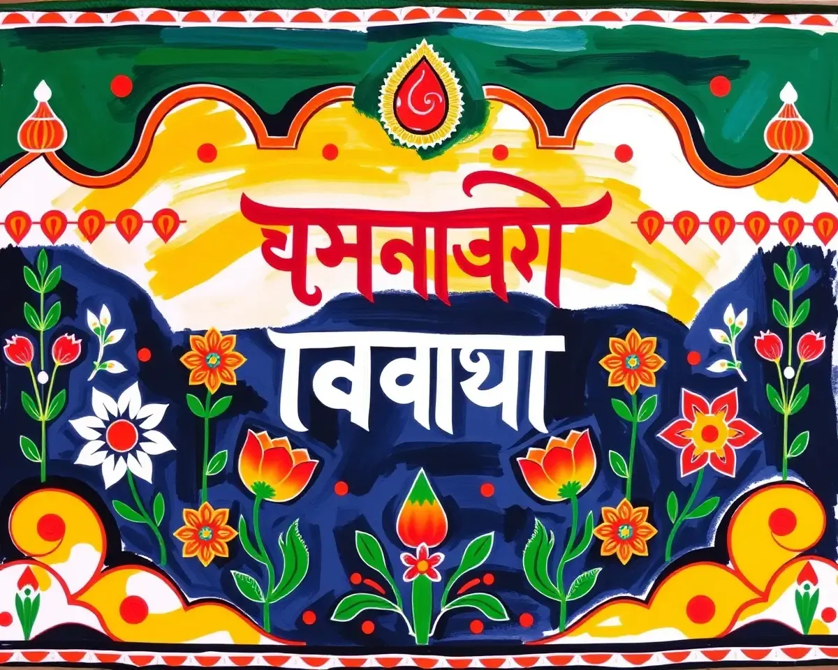 Hand-Painted Folk-Art Marathi Lagna Banner with Traditional Motifs