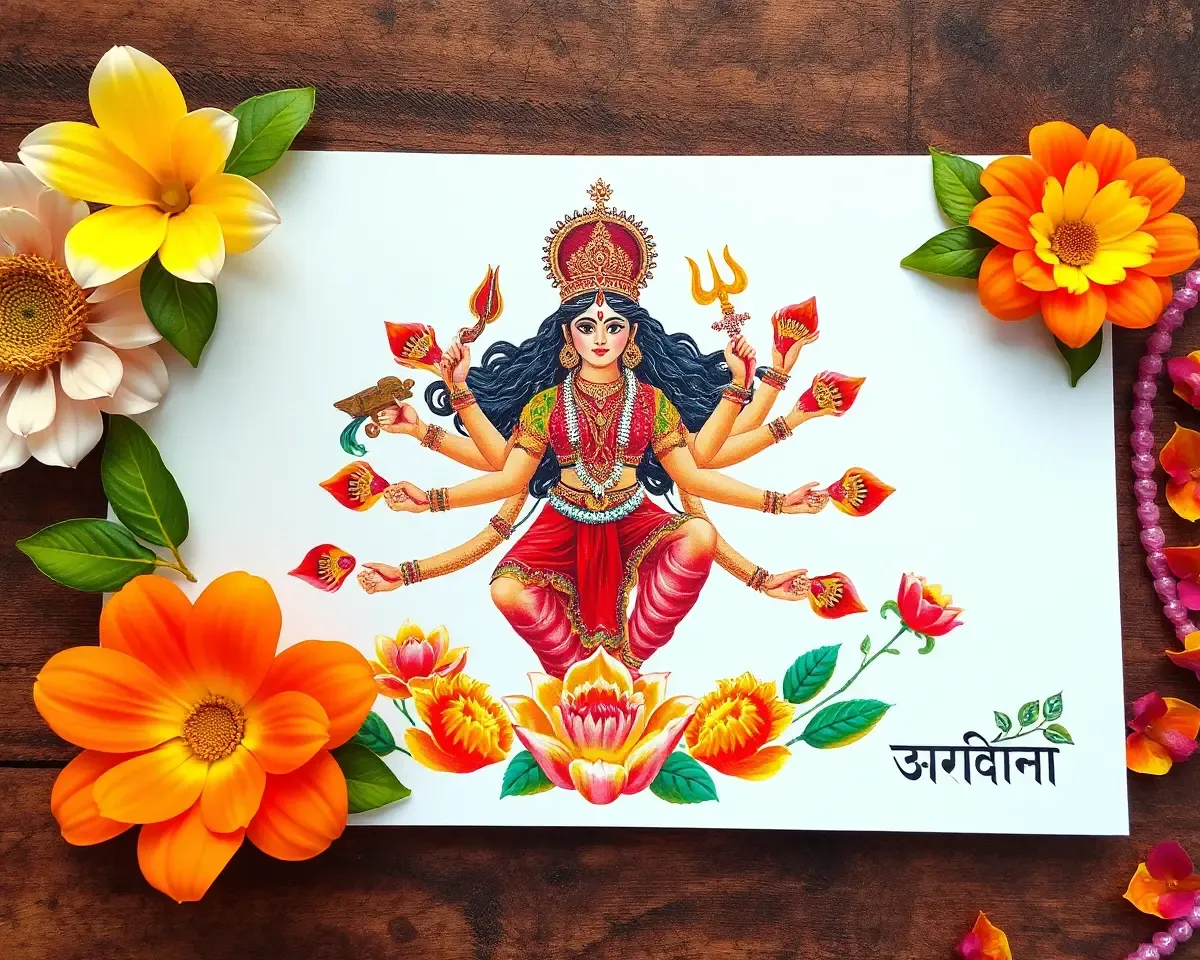 Hand-Painted Navratri Invitation Card with Goddess Durga Depiction