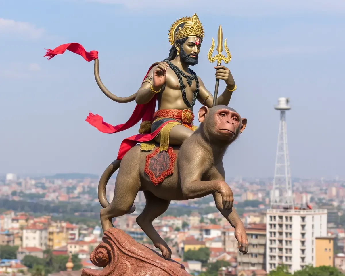 Hanuman Rides a Monkey Cityscape Background