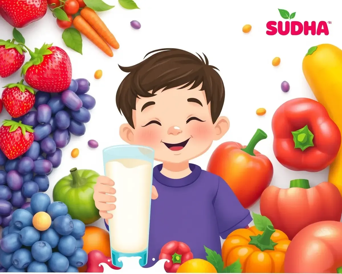 Happy Child Enjoys Healthy Sudha Milk with Fruits and Veggies