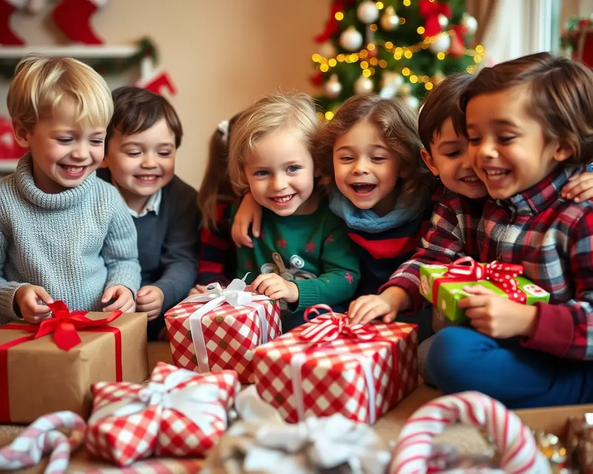 Happy Children Opening Presents on Christmas Morning Joy