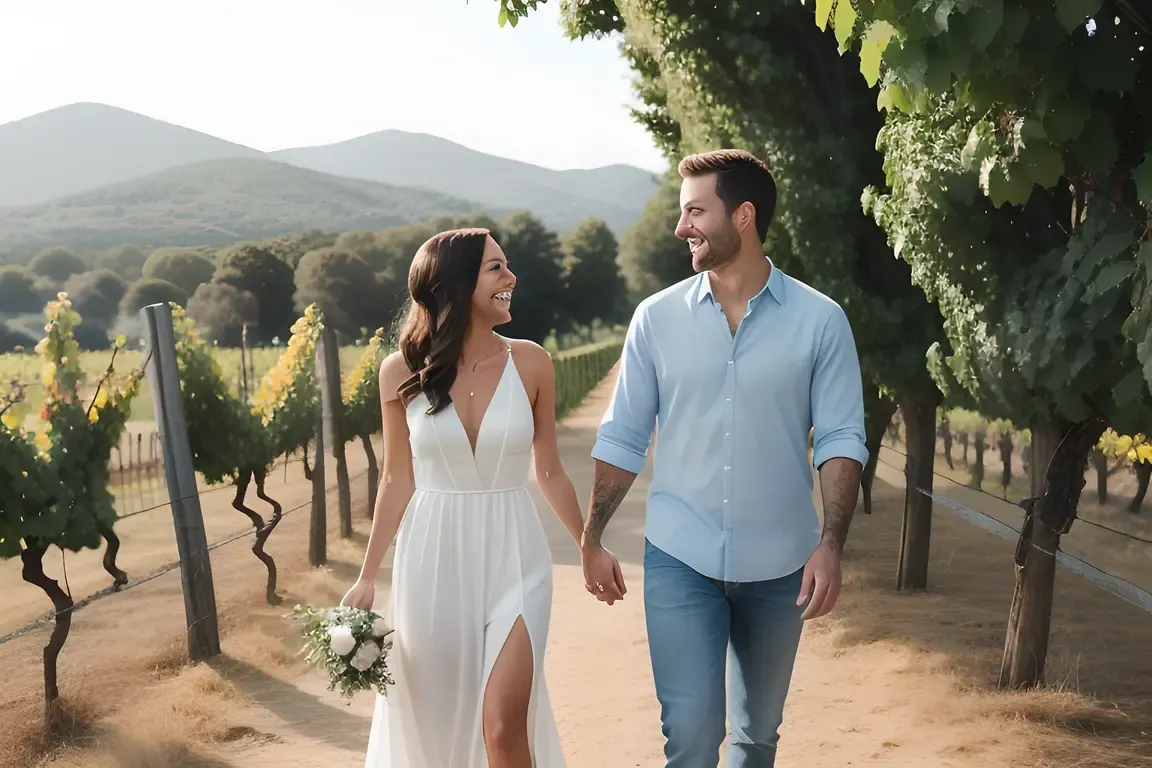 Happy Couple Strolls Through Romantic Vineyard Scene
