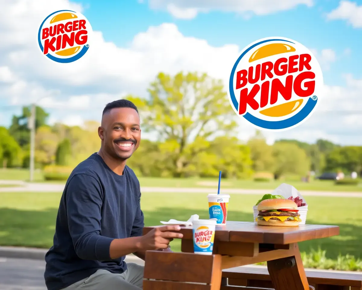Happy Customer Enjoying Burger King Meal at Outdoor Picnic