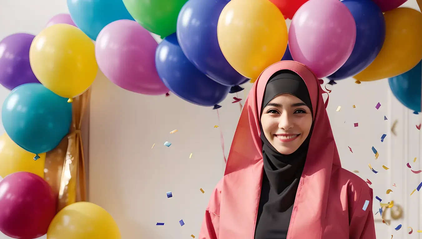 Happy Girl in Niqab Celebrates Special Occasion with Colorful Background