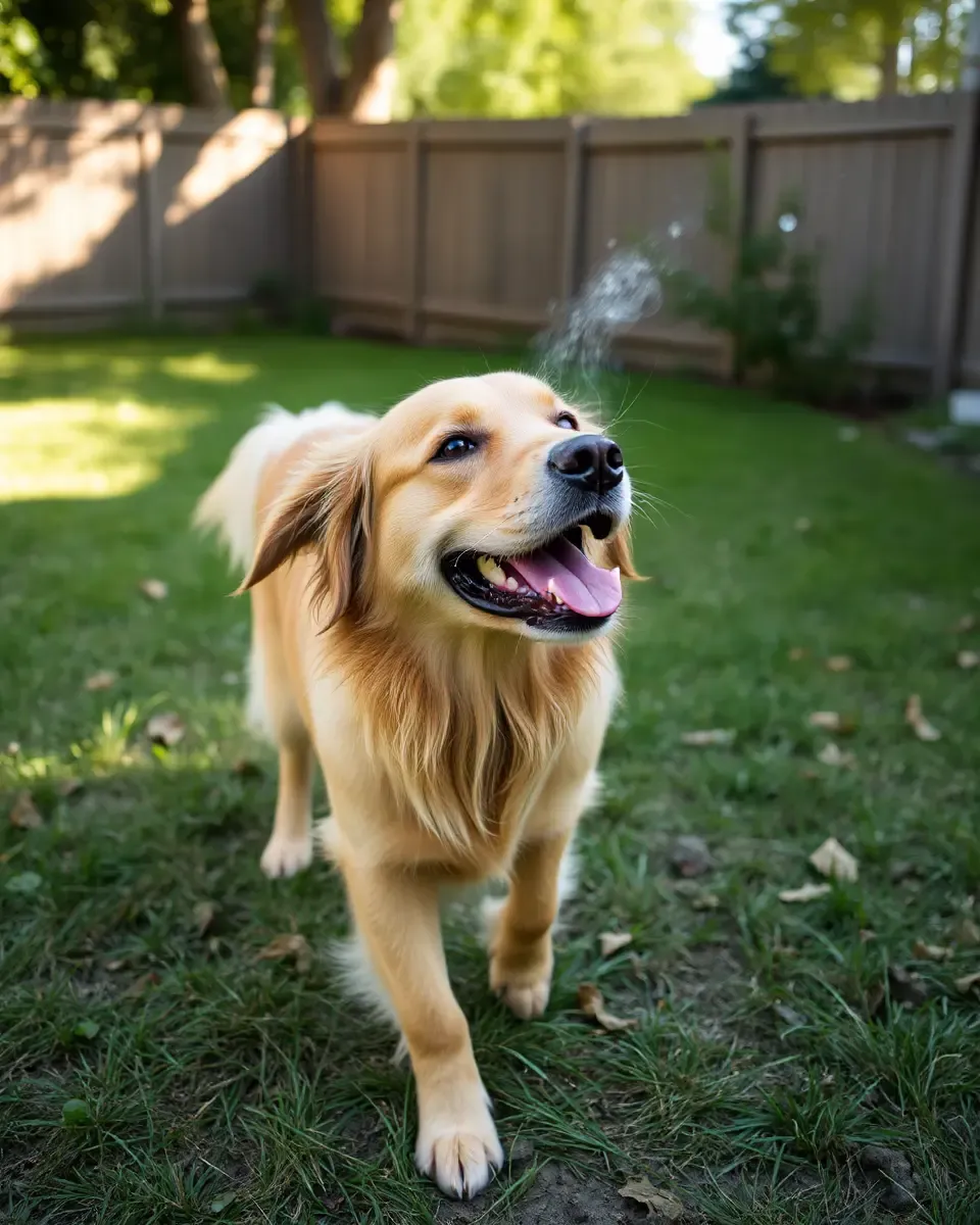 Happy Golden Retriever Plays Fetch in Sunny Backyard
