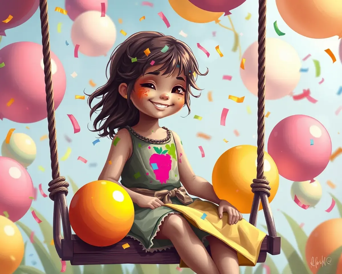 Happy Holi Girl Surrounded by Balloons and Confetti