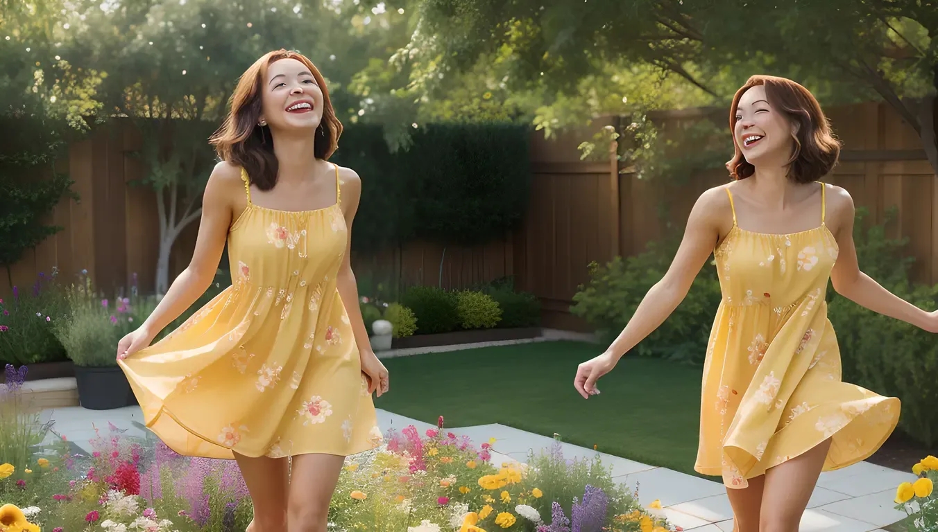 Happy Housewife in Yellow Dress Dancing in Garden