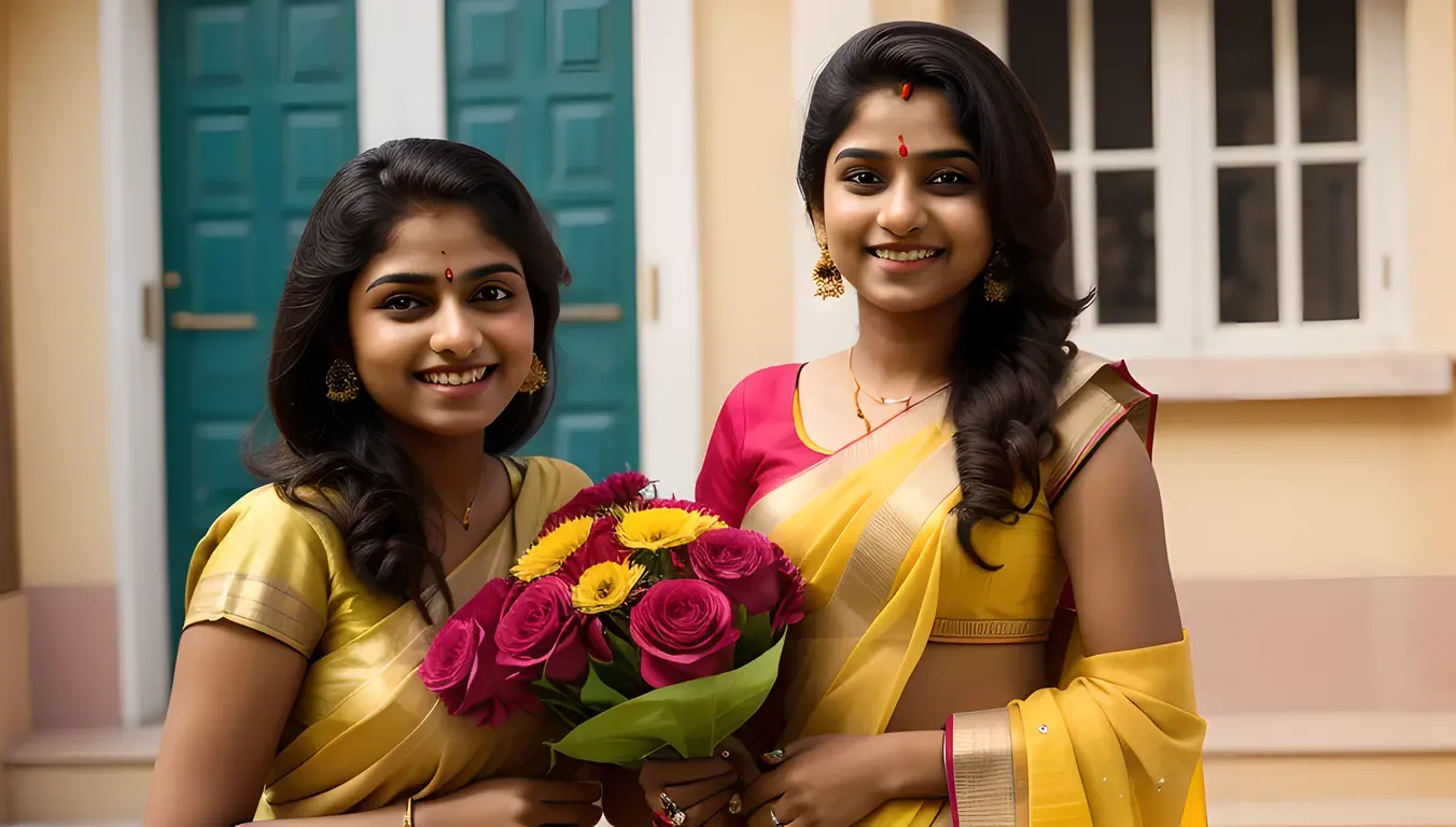 Happy Indian Teen in Bright Yellow Sari and Smile