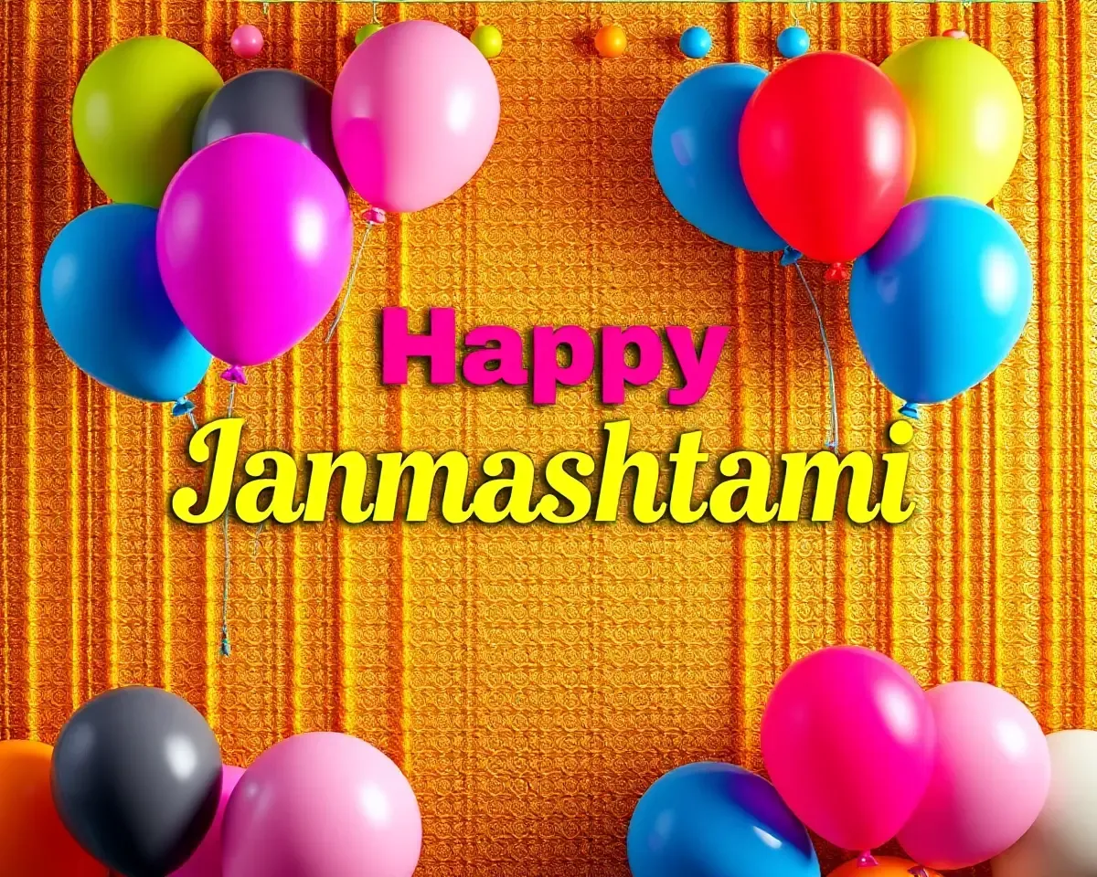 Happy Janmashtami PNG with Golden Background and Balloons
