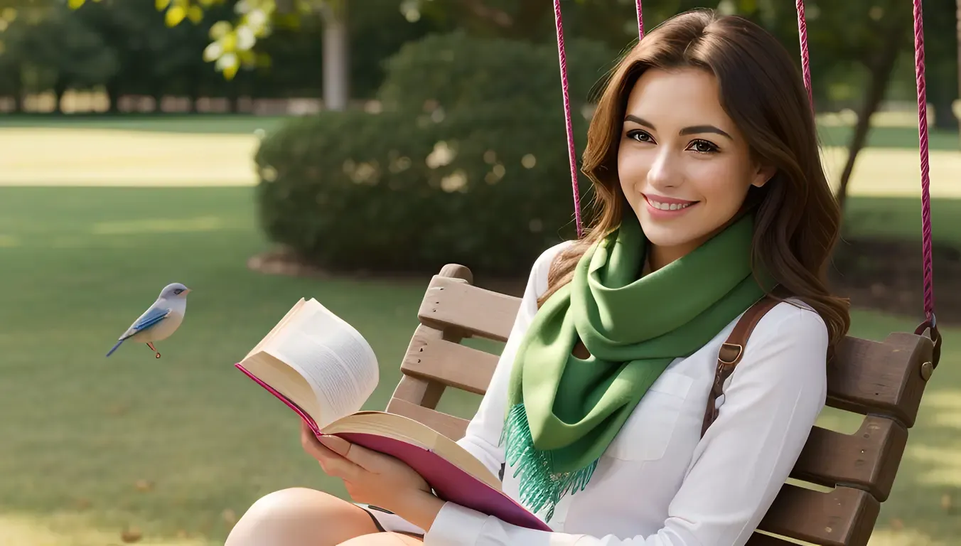 Happy School Girl with Book and Bird on Swing