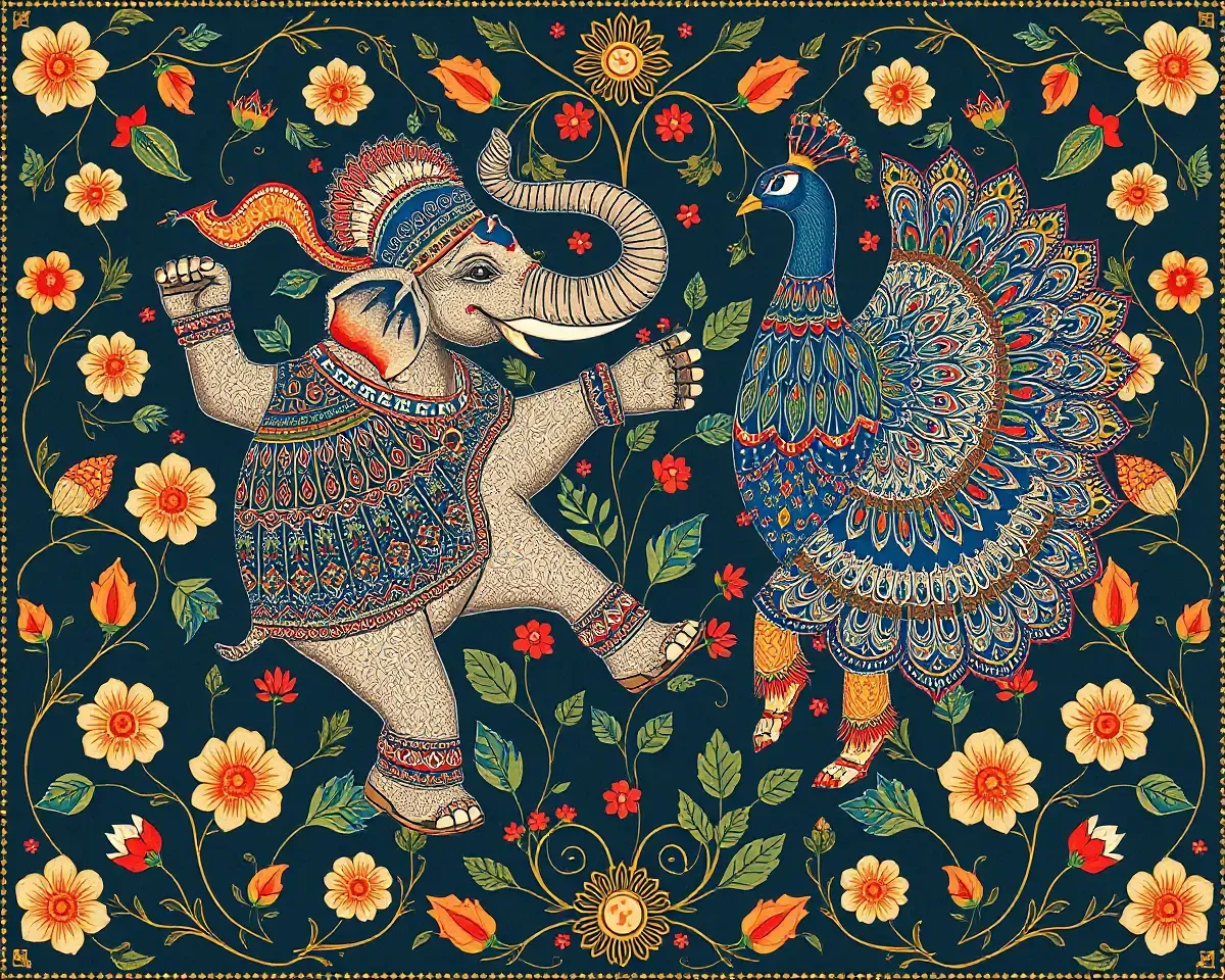 Harmonious Elephant and Peacock Madhubani-Style Wallpaper Dance