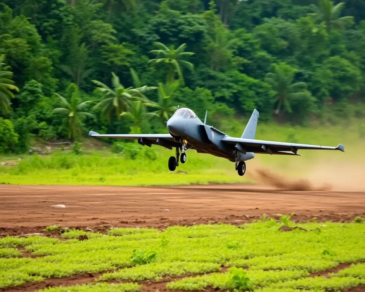 Harrier Lands on Jungle Airstrip with Screeching Tires