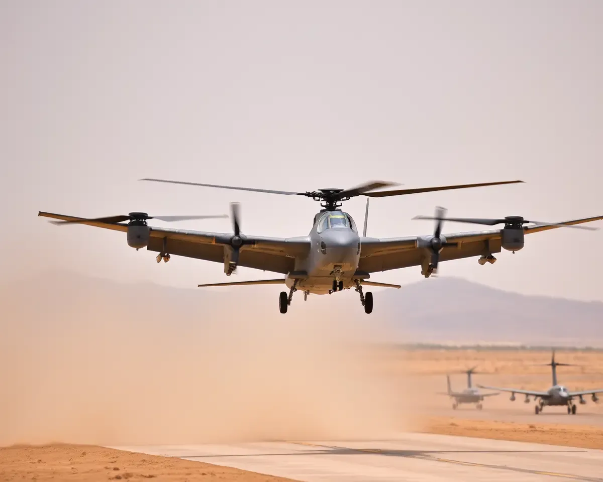 Harrier Performs Vertical Takeoff from Desert Runway with Rotors Spinning