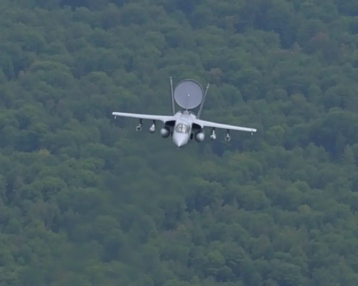 Harrier Scans Terrain Below with Radar Dish in Low Flight