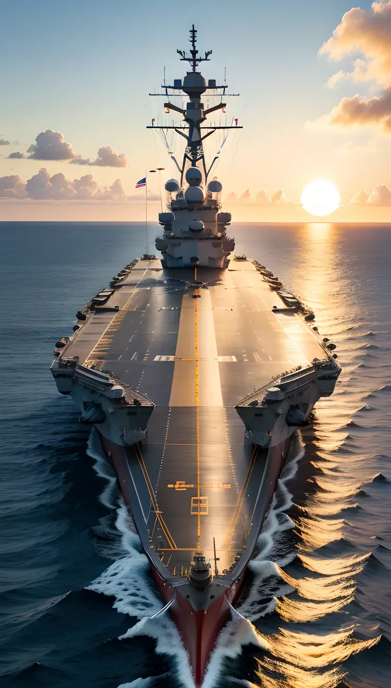 Harry Truman Aircraft Carrier Sails Through Open Ocean Sunset