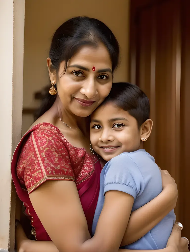 Heartwarming Beauty Aunty Hugs a Child Tenderly