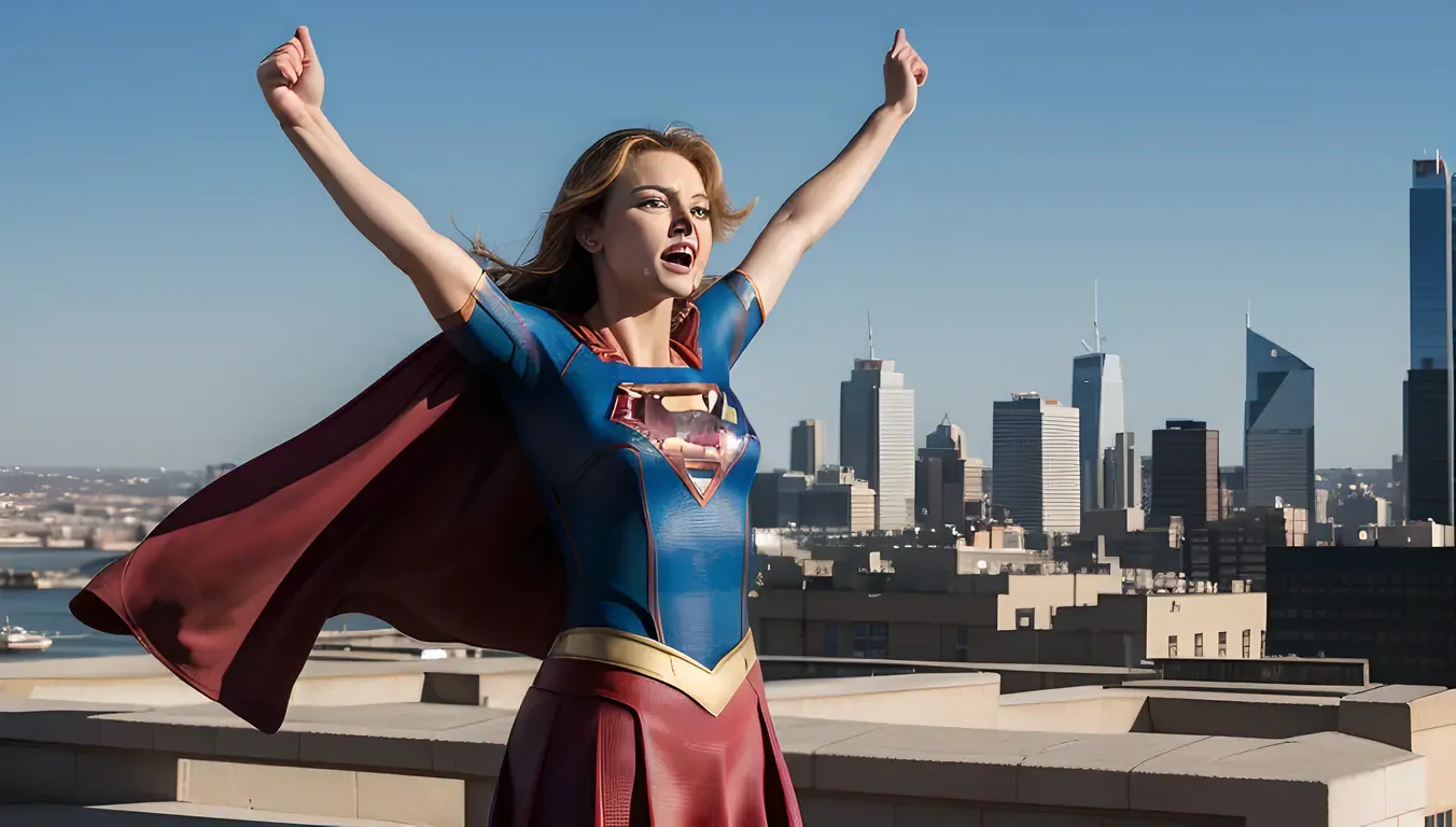 Heroic Supergirl Celebrates Victory with Raised Arms