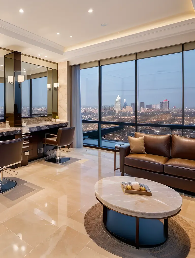 High-End Ladies Salon with Sophisticated Ambiance and Marble Countertops