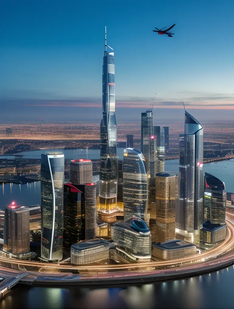 High-Tech City Skyscrapers Flying Cars Innovation Progress Image
