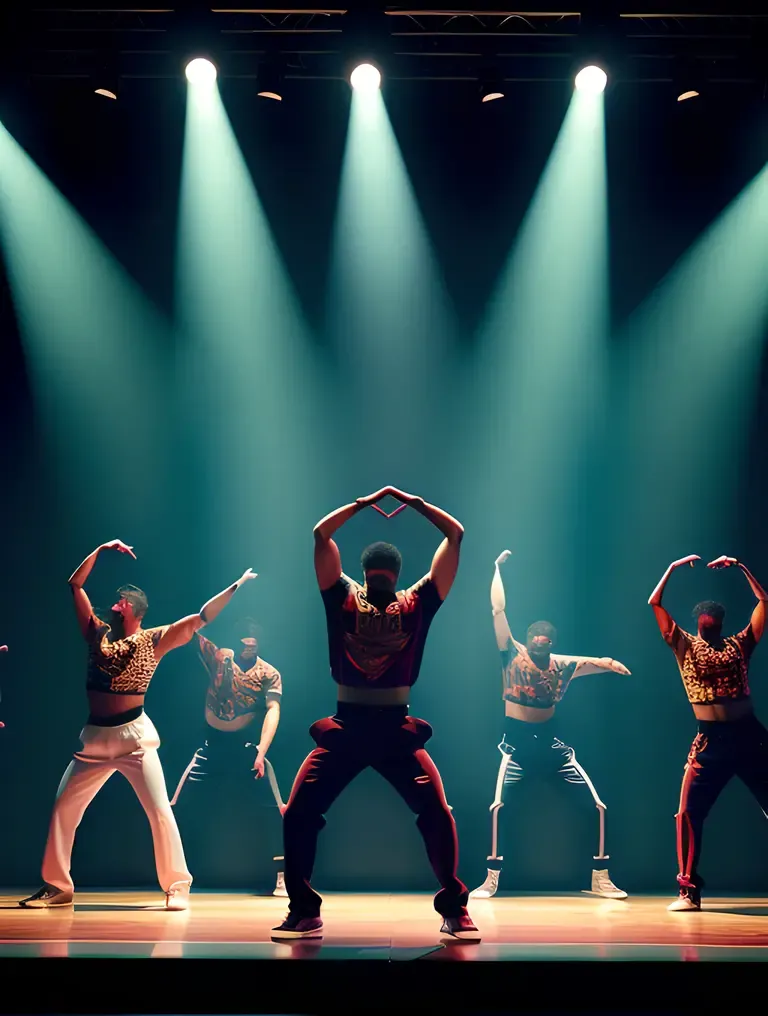 Hip-Hop Dance Crew Performs in Dark Urban Setting with Bold Wallpaper