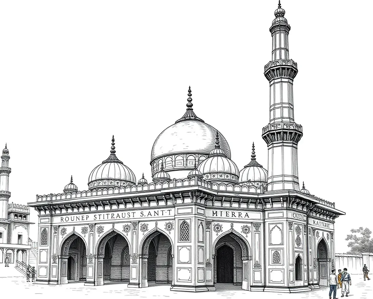Historic Masjid Minar Illustration with Mughal Era Details