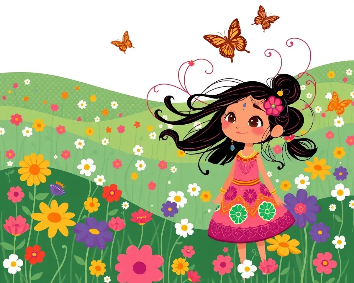 Holi Girl in Field of Flowers with Swirling Colors and Butterflies