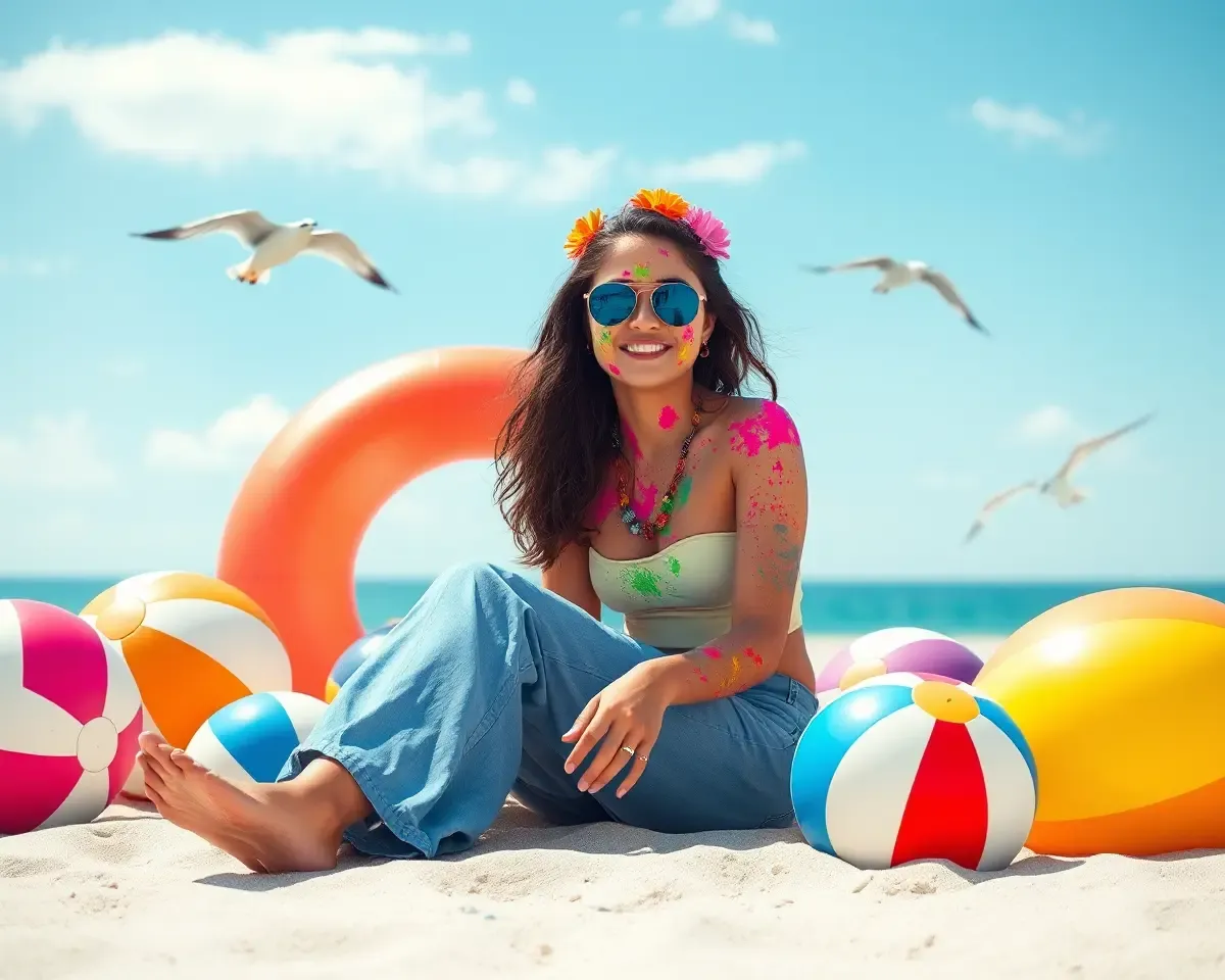 Holi Girl on Beach with Colorful Beach Balls and Inflatables