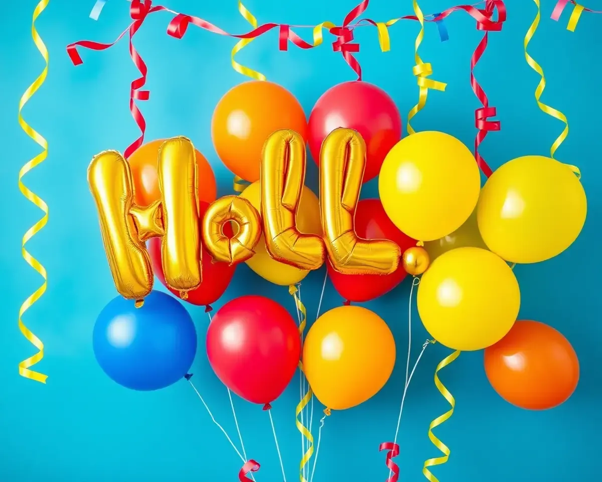Holi-themed Balloons and Streamers on Bright Blue Background