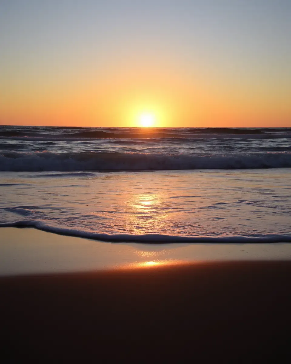 Hornsea Beach Scene: Serene Peaceful Sunset with Warm Golden Glow
