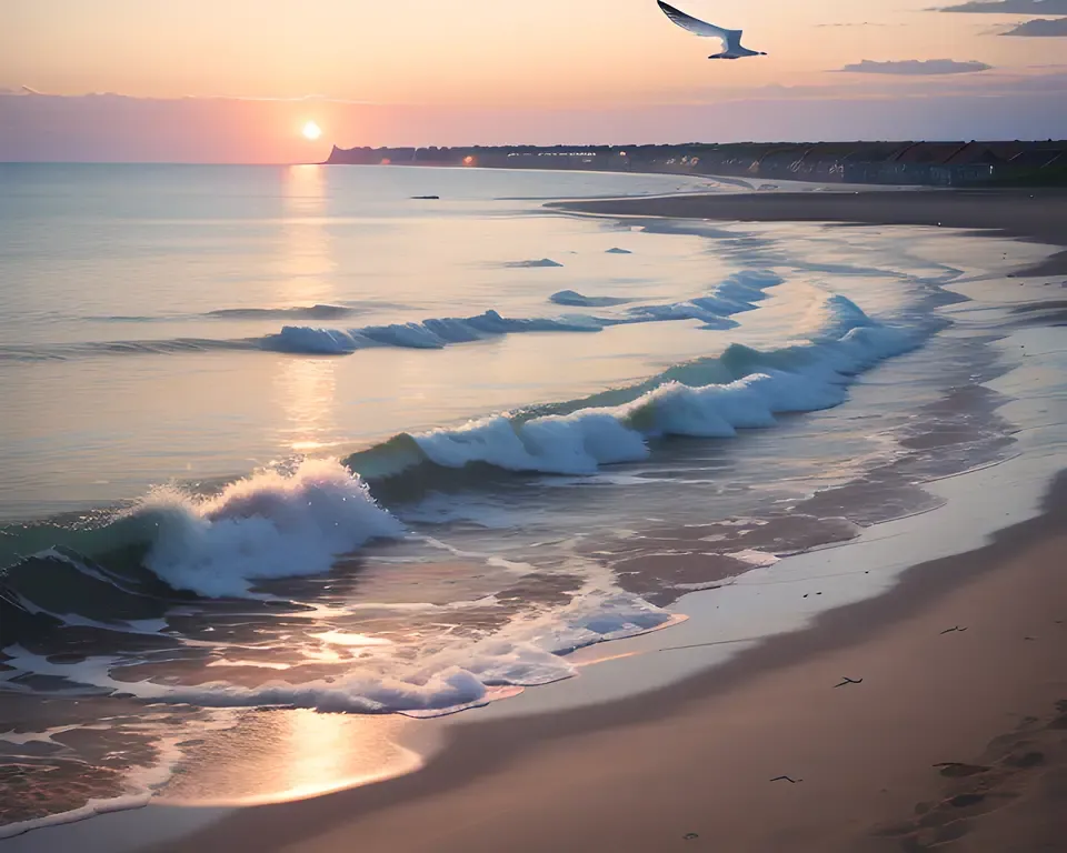 Hornsea Dawn: Serene Beach Scene with Rising Sun and Seagulls