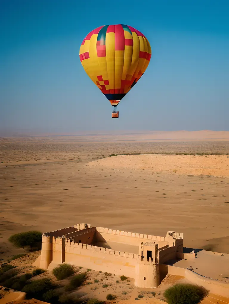 Hot Air Balloon Over Jaisalmer City and Thar Desert Landscape