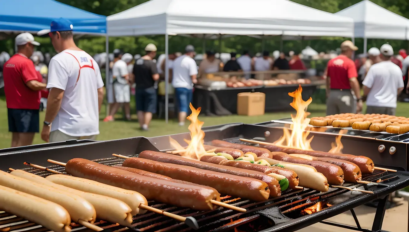 Hot Dog Vendors at Summer Festival with Sizzling Sausages