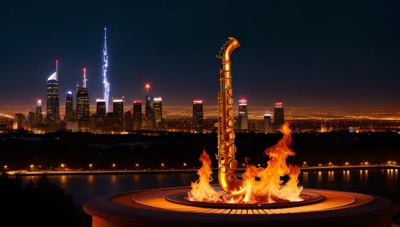 Hot Saxi Image: Flames Lick Saxophone in Cityscape Nighttime Scene