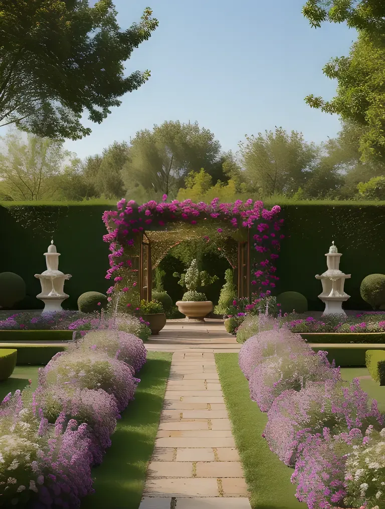 Housewife's Serene Garden with Blooming Flowers and Peaceful Atmosphere
