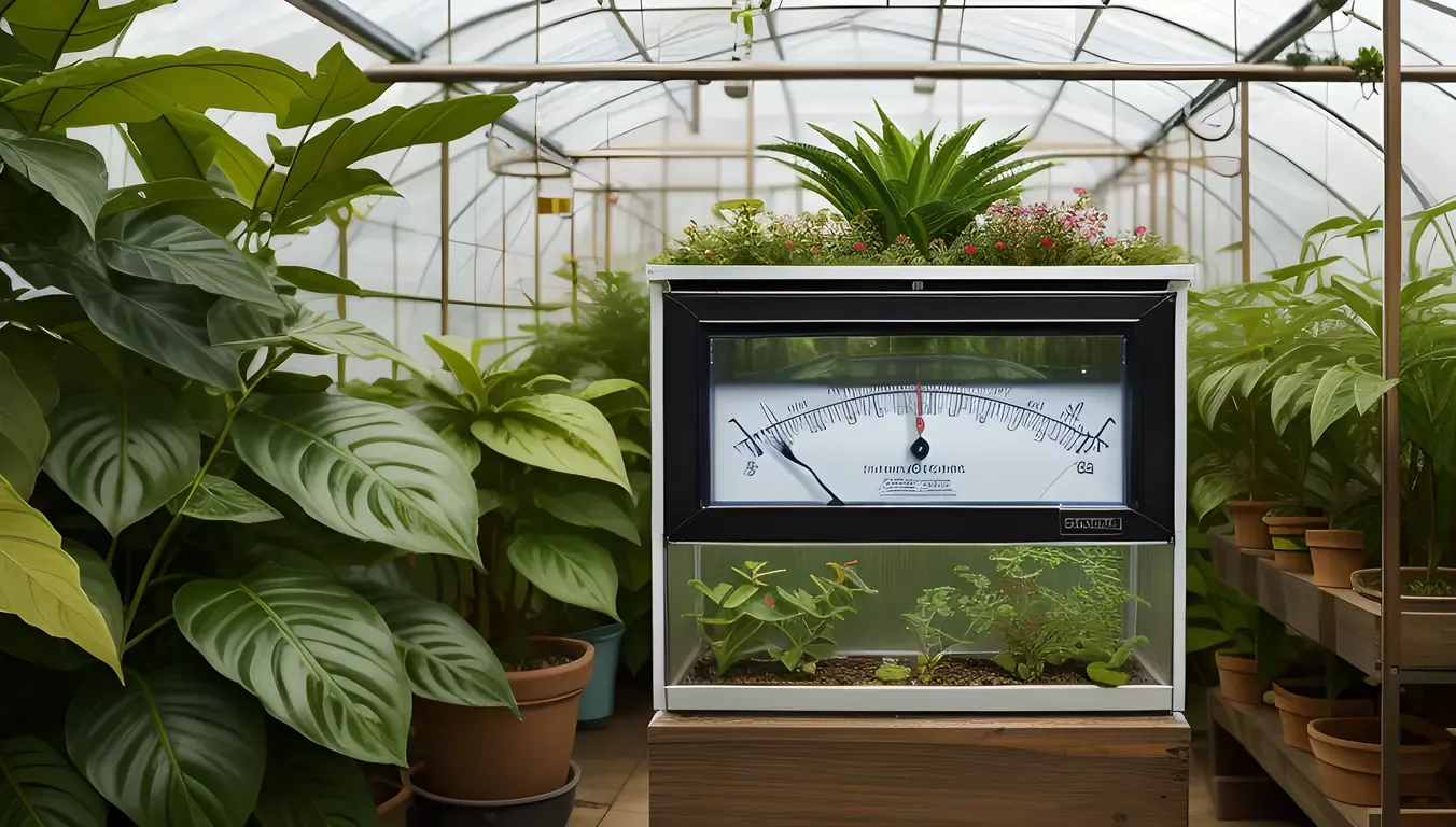 Hygrometer in Greenhouse with Lush Greenery and Exotic Plants