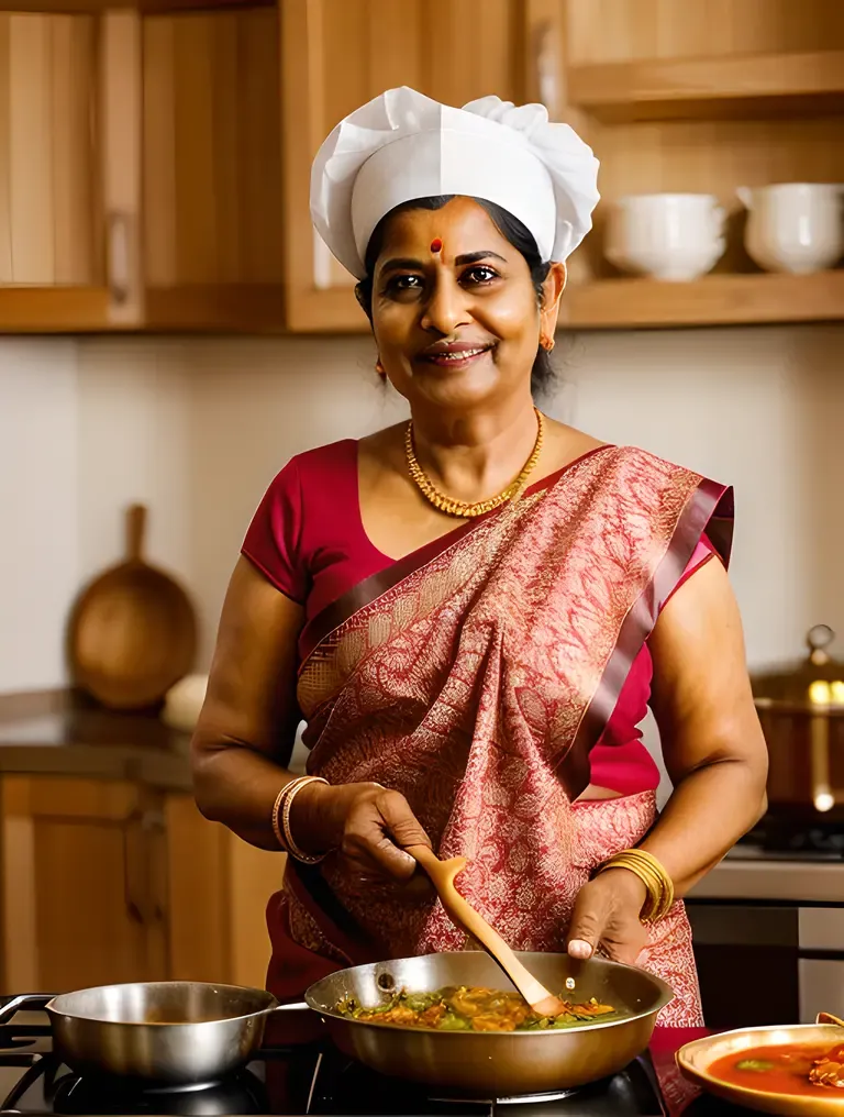 Indian Aunty Cooking Traditional Dish with Wooden Spoon and Smile
