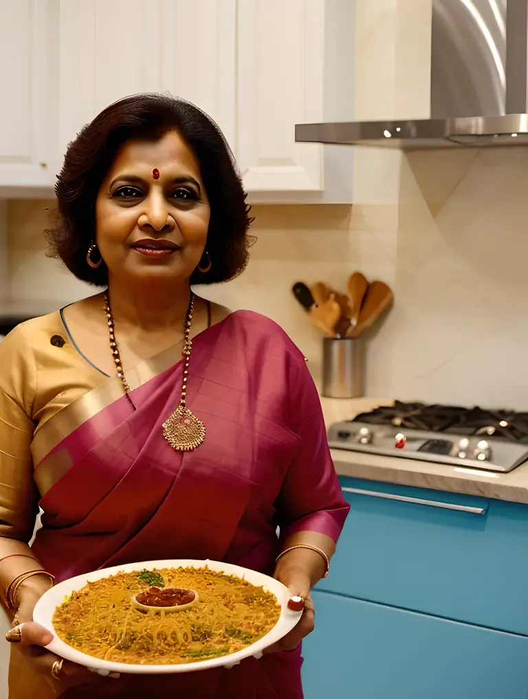 Indian Aunty Proudly Holding Homemade Biryani in Modern Kitchen