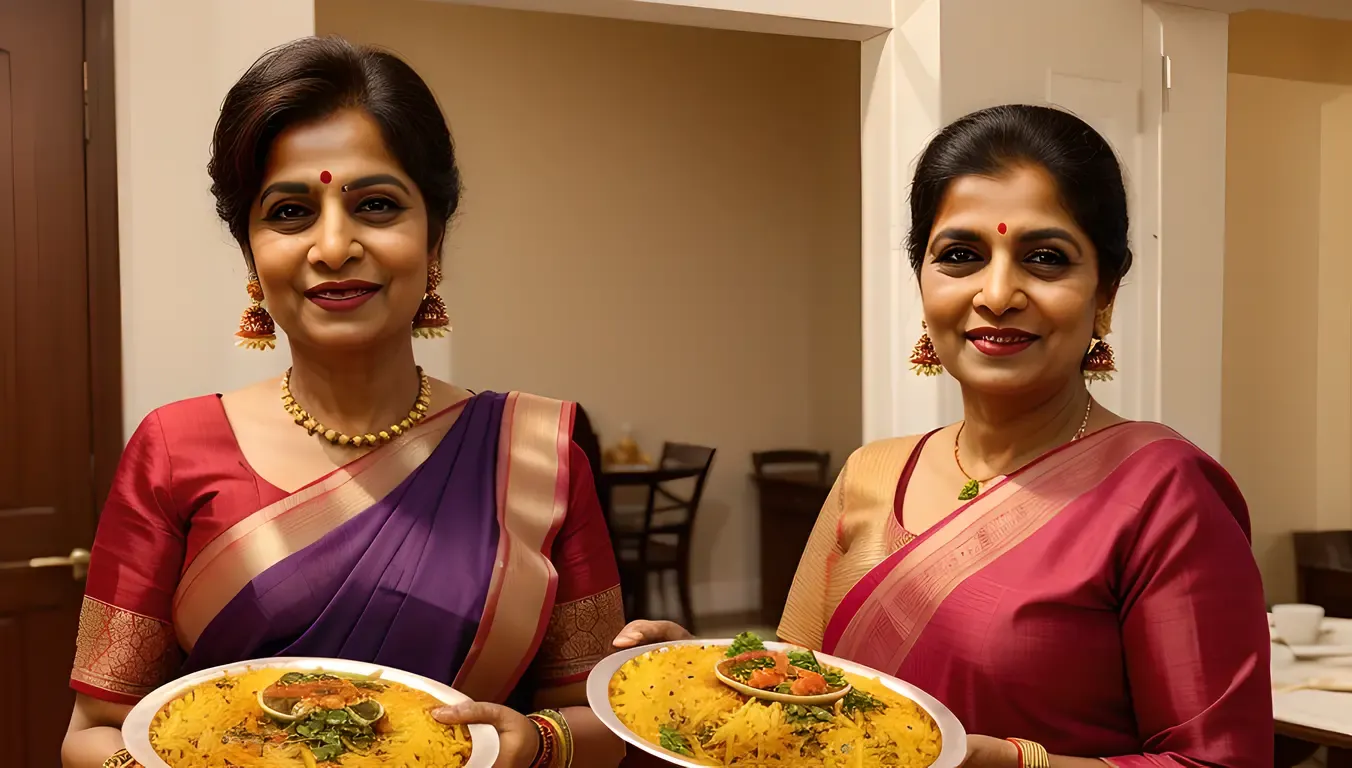 Indian Aunty Smiling Warmly with Homemade Biryani Plate