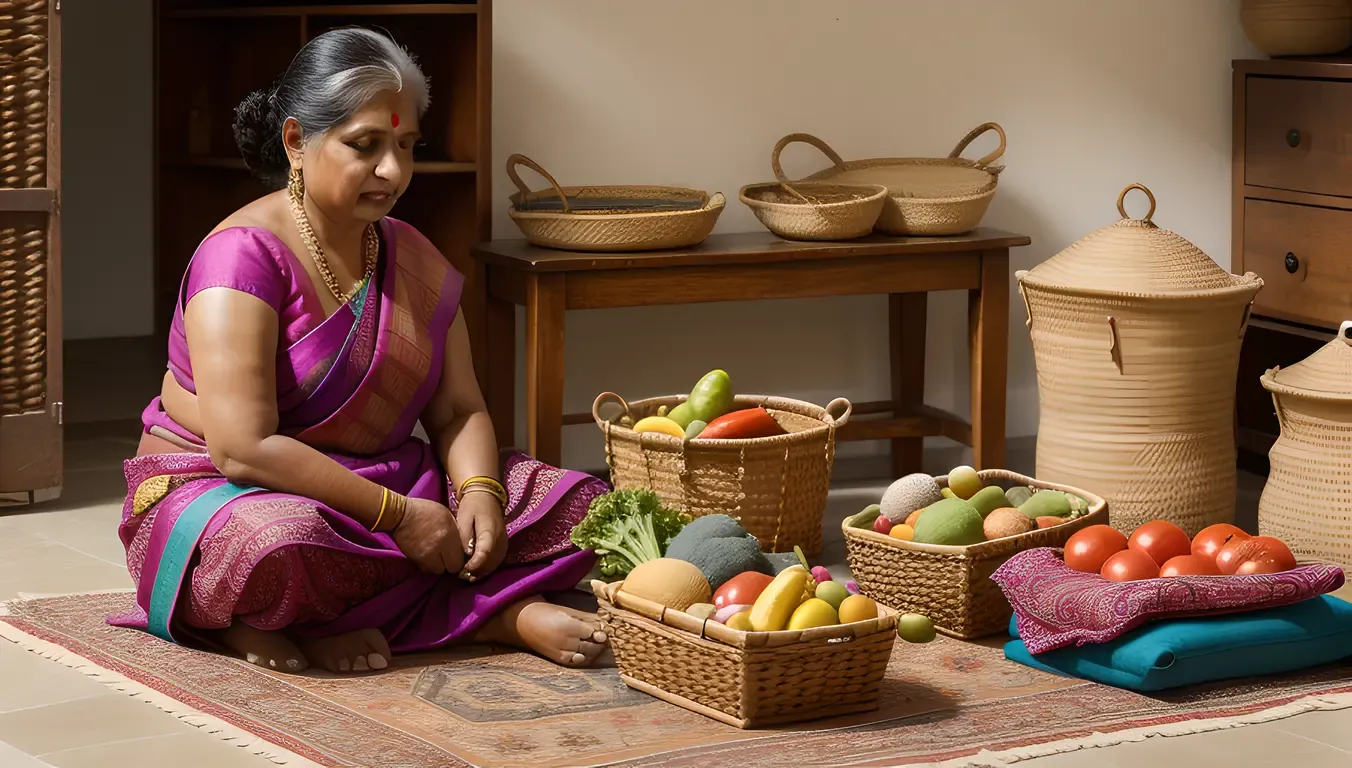 Indian Aunty Sorting Fresh Vegetables Amidst Vibrant Fabrics