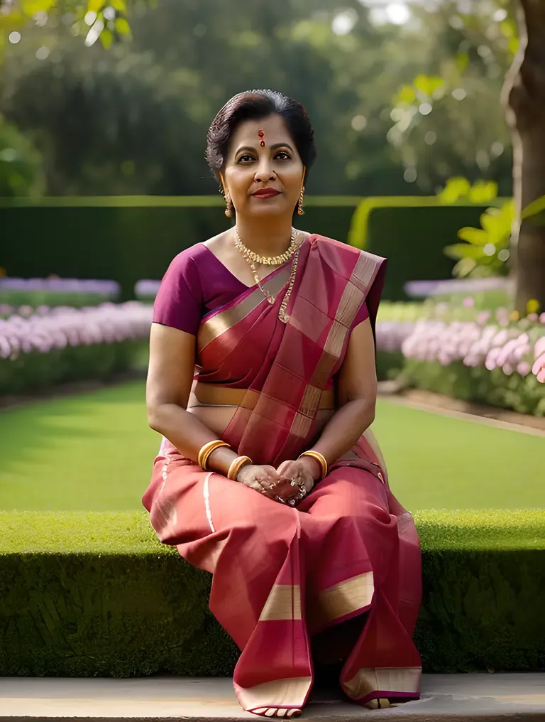 Indian Aunty in Peaceful Garden with Blooming Flowers