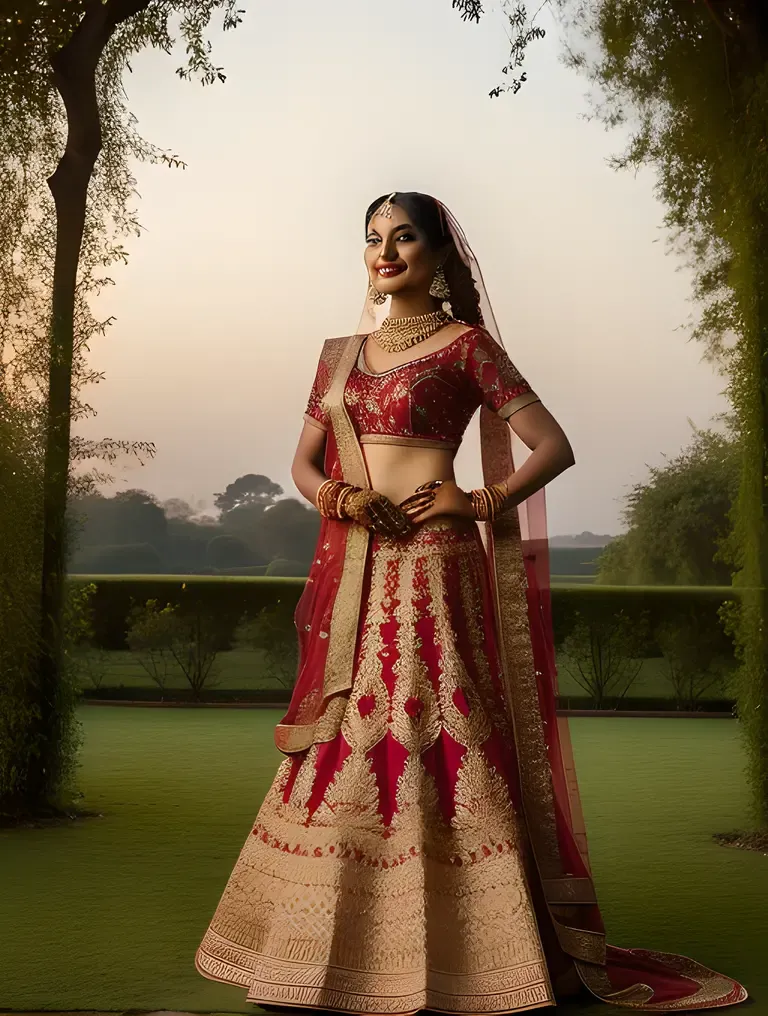 Indian Bride in Garden with Sunset Background